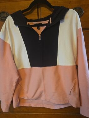 Colorblock Half-Zip Hoodie in Black, White & Dusty Pink